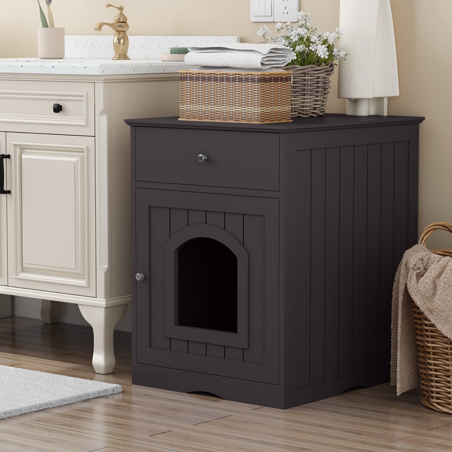 Wooden Pet House Cat Litter Box Enclosure with Drawer, Side Table, Indoor Pet Crate, Cat Home Nightstand (White)