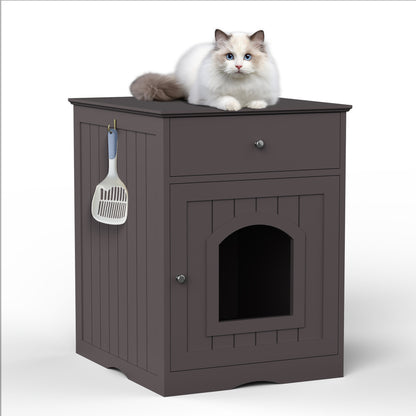Wooden Pet House Cat Litter Box Enclosure with Drawer, Side Table, Indoor Pet Crate, Cat Home Nightstand (White)