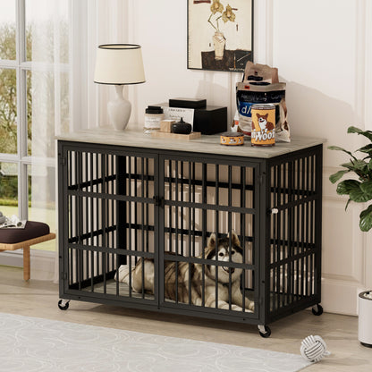 Furniture style dog crate wrought iron frame door with side openings, Rustic Brown, 43.3''W x 29.9''D x 33.5''H.