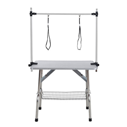 46" Folding Dog Pet Grooming Table Stainless Steel Frame Rubber Mat on Board with Adjustable Arm and Clamps pet dog Cat Grooming Table (SILVER-GRAY COLOR)   WL 46 1 Inch Folding Dog Pet Grooming Table Stainless Steel Frame Rubber Mat with Adjustable Arms