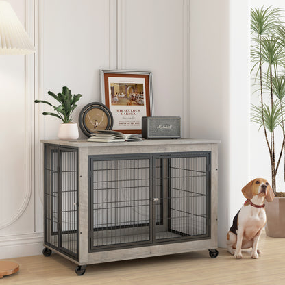 Furniture Style Dog Crate Side Table on Wheels with Double Doors and Lift Top. Rustic Brown, 31.50'' W x 22.05'' D x 25'' H.
