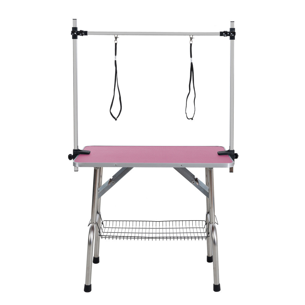 36" Folding Dog Pet Grooming Table Stainless Steel Frame Rubber Mat on Board with Adjustable Arm and Clamps pet dog Cat Grooming Table (PINK COLOR)