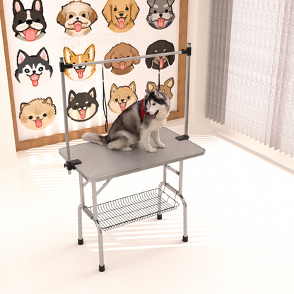 46" Folding Dog Pet Grooming Table Stainless Steel Frame Rubber Mat on Board with Adjustable Arm and Clamps pet dog Cat Grooming Table (SILVER-GRAY COLOR)   WL 46 1 Inch Folding Dog Pet Grooming Table Stainless Steel Frame Rubber Mat with Adjustable Arms