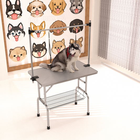 46" Folding Dog Pet Grooming Table Stainless Steel Frame Rubber Mat on Board with Adjustable Arm and Clamps pet dog Cat Grooming Table (SILVER-GRAY COLOR)   WL 46 1 Inch Folding Dog Pet Grooming Table Stainless Steel Frame Rubber Mat with Adjustable Arms